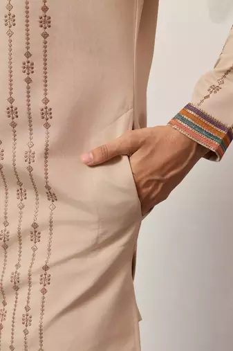 BEIGE VISCOSE SILK THREAD & SEQUINS EMBROIDERED WORK WEDDING FESTIVAL MARRIAGE PARTY WEAR STRAIGHT MENS KURTA WITH PANT