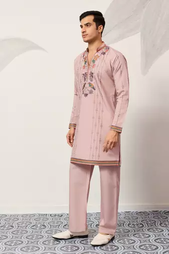 LIGHT PINK VISCOSE SILK THREAD & SEQUINS EMBROIDERED WORK WEDDING FESTIVAL PARTY WEAR STRAIGHT MENS KURTA WITH PANT