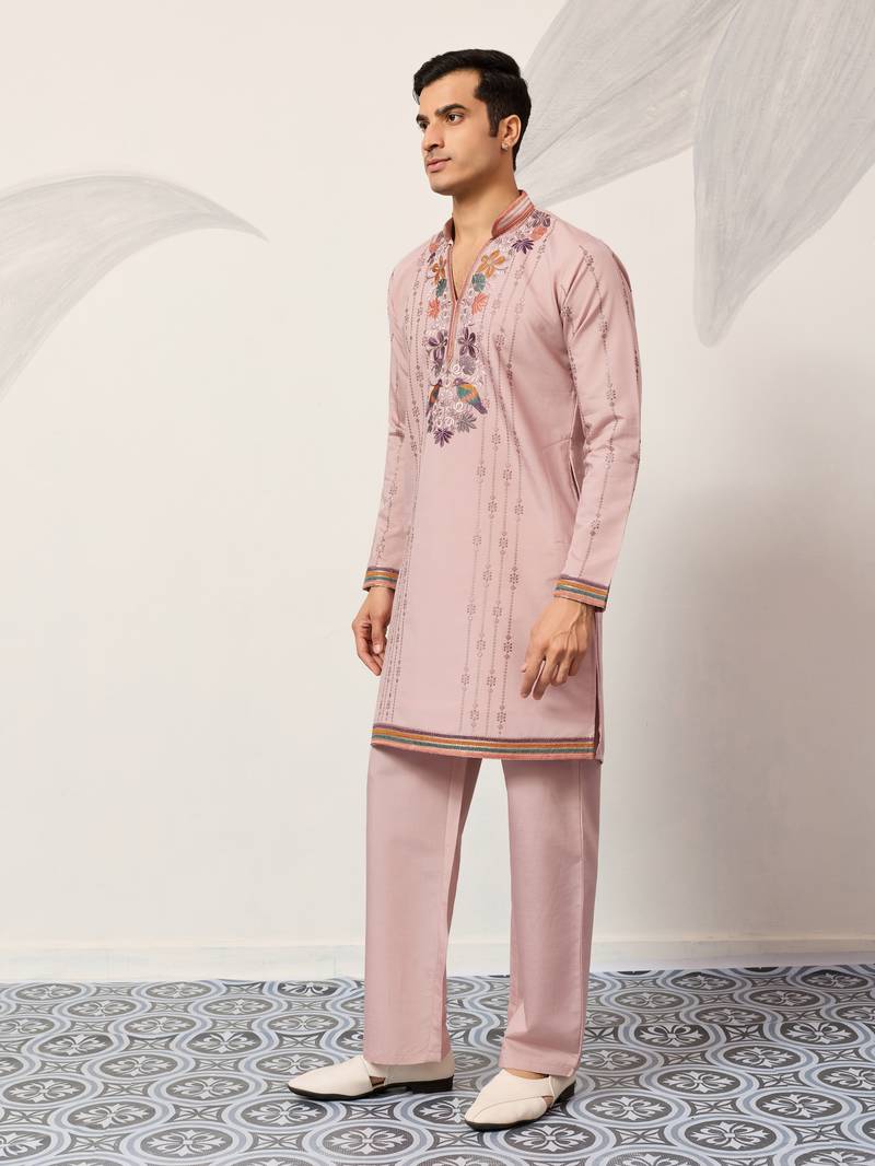 LIGHT PINK VISCOSE SILK THREAD & SEQUINS EMBROIDERED WORK WEDDING FESTIVAL PARTY WEAR STRAIGHT MENS KURTA WITH PANT