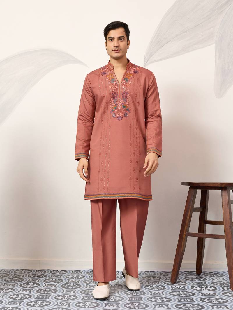 ORANGE VISCOSE SILK THREAD & SEQUINS EMBROIDERED WORK WEDDING FESTIVAL MARRIAGE PARTY WEAR STRAIGHT MENS KURTA WITH PANT