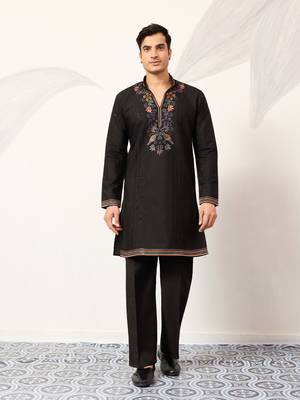 BLACK VISCOSE SILK THREAD & SEQUINS EMBROIDERED WORK WEDDING FESTIVAL MARRIAGE PARTY WEAR STRAIGHT MENS KURTA WITH PANT 8