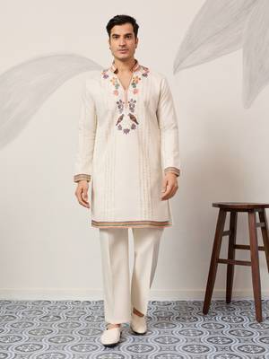 WHITE VISCOSE SILK THREAD & SEQUINS EMBROIDERED WORK WEDDING FESTIVAL MARRIAGE PARTY WEAR STRAIGHT MENS KURTA WITH PANT 8