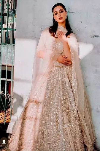 Beige Silk Lehenga set with Choli and dupatta