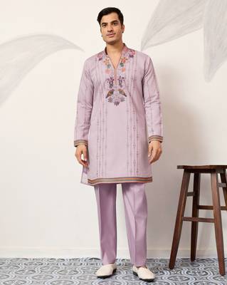 LAVENDER VISCOSE SILK THREAD & SEQUINS EMBROIDERED WORK FESTIVAL MARRIAGE PARTY WEAR STRAIGHT MENS KURTA WITH PANT 8