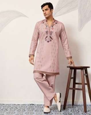 LIGHT PINK VISCOSE SILK THREAD & SEQUINS EMBROIDERED WORK WEDDING FESTIVAL PARTY WEAR STRAIGHT MENS KURTA WITH PANT 7