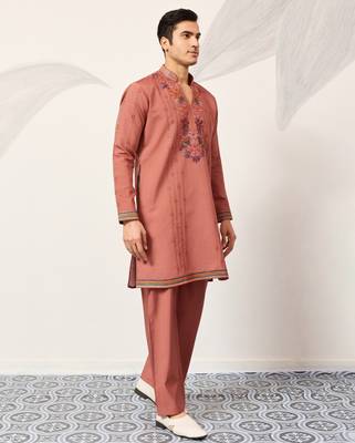 ORANGE VISCOSE SILK THREAD & SEQUINS EMBROIDERED WORK WEDDING FESTIVAL MARRIAGE PARTY WEAR STRAIGHT MENS KURTA WITH PANT 9