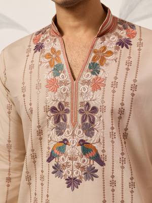 BEIGE VISCOSE SILK THREAD & SEQUINS EMBROIDERED WORK WEDDING FESTIVAL MARRIAGE PARTY WEAR STRAIGHT MENS KURTA WITH PANT 8