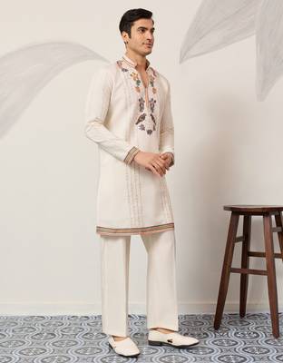WHITE VISCOSE SILK THREAD & SEQUINS EMBROIDERED WORK WEDDING FESTIVAL MARRIAGE PARTY WEAR STRAIGHT MENS KURTA WITH PANT 9