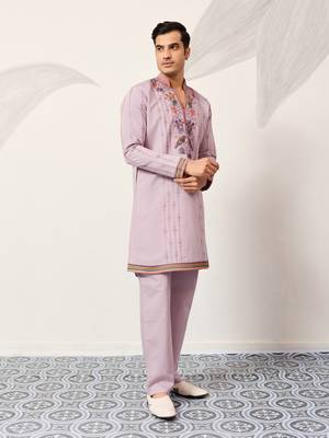 LAVENDER VISCOSE SILK THREAD & SEQUINS EMBROIDERED WORK FESTIVAL MARRIAGE PARTY WEAR STRAIGHT MENS KURTA WITH PANT 9