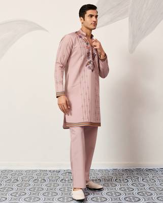LIGHT PINK VISCOSE SILK THREAD & SEQUINS EMBROIDERED WORK WEDDING FESTIVAL PARTY WEAR STRAIGHT MENS KURTA WITH PANT 8