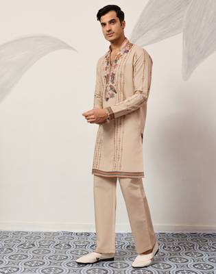 BEIGE VISCOSE SILK THREAD & SEQUINS EMBROIDERED WORK WEDDING FESTIVAL MARRIAGE PARTY WEAR STRAIGHT MENS KURTA WITH PANT 9
