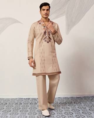 BEIGE VISCOSE SILK THREAD & SEQUINS EMBROIDERED WORK WEDDING FESTIVAL MARRIAGE PARTY WEAR STRAIGHT MENS KURTA WITH PANT 10