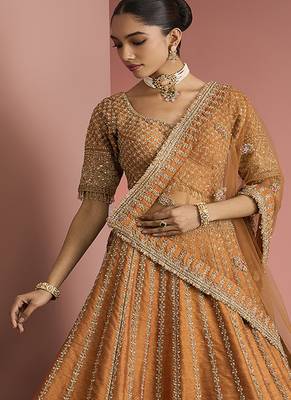 rust orange raw silk lehenga set with blouse and dupatta 2