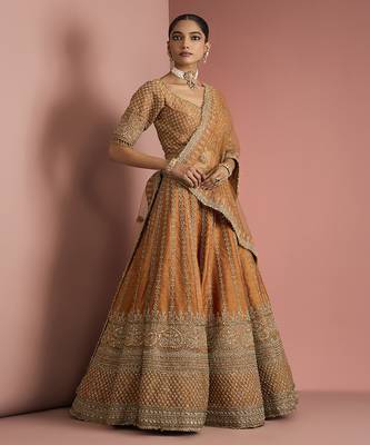 rust orange raw silk lehenga set with blouse and dupatta 1