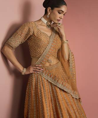 rust orange raw silk lehenga set with blouse and dupatta 3