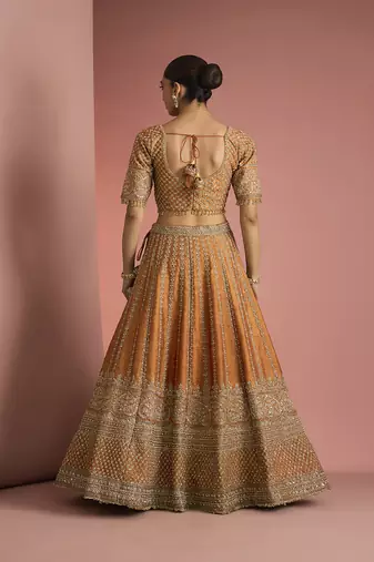 rust orange raw silk lehenga set with blouse and dupatta