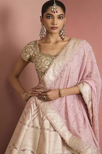 light pink organza brocade lehenga set with blouse and dupatta