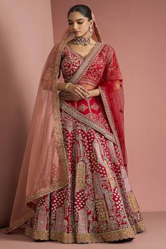 bridal red silk lehenga set with choli and 2 dupattas