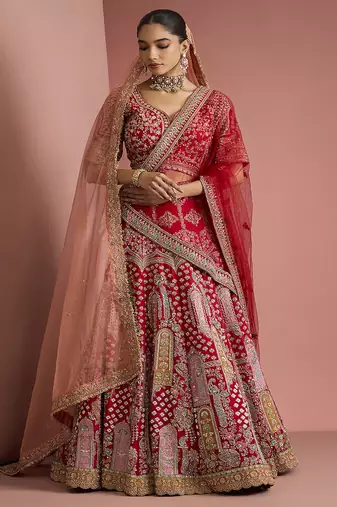 bridal red silk lehenga set with choli and 2 dupattas