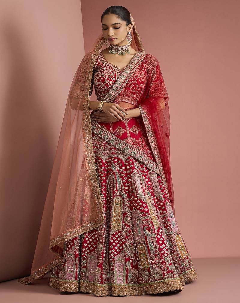 bridal red silk lehenga set with choli and 2 dupattas