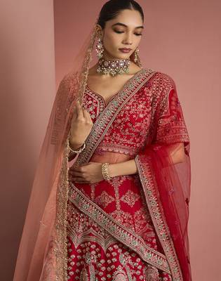 bridal red silk lehenga set with choli and 2 dupattas 2