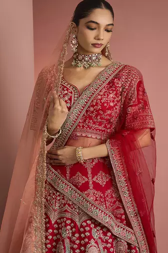 bridal red silk lehenga set with choli and 2 dupattas
