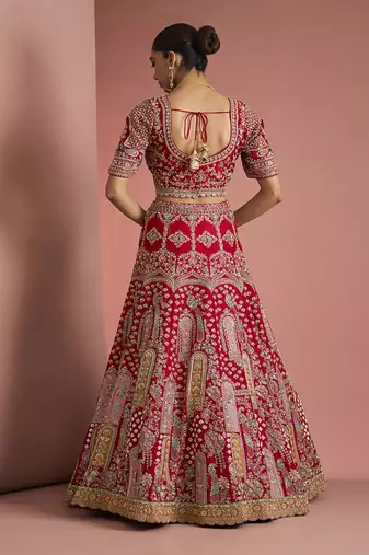 bridal red silk lehenga set with choli and 2 dupattas