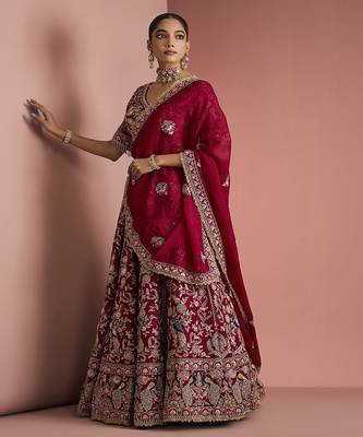 maroon silk hand embroidered lehenga set with blouse and dupatta 1