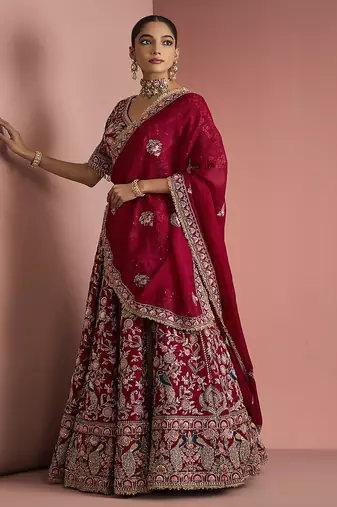maroon silk hand embroidered lehenga set with blouse and dupatta