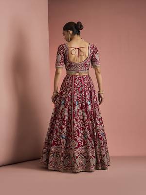 maroon silk hand embroidered lehenga set with blouse and dupatta 2