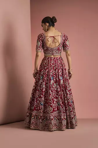 maroon silk hand embroidered lehenga set with blouse and dupatta