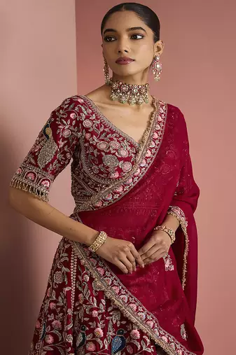 maroon silk hand embroidered lehenga set with blouse and dupatta