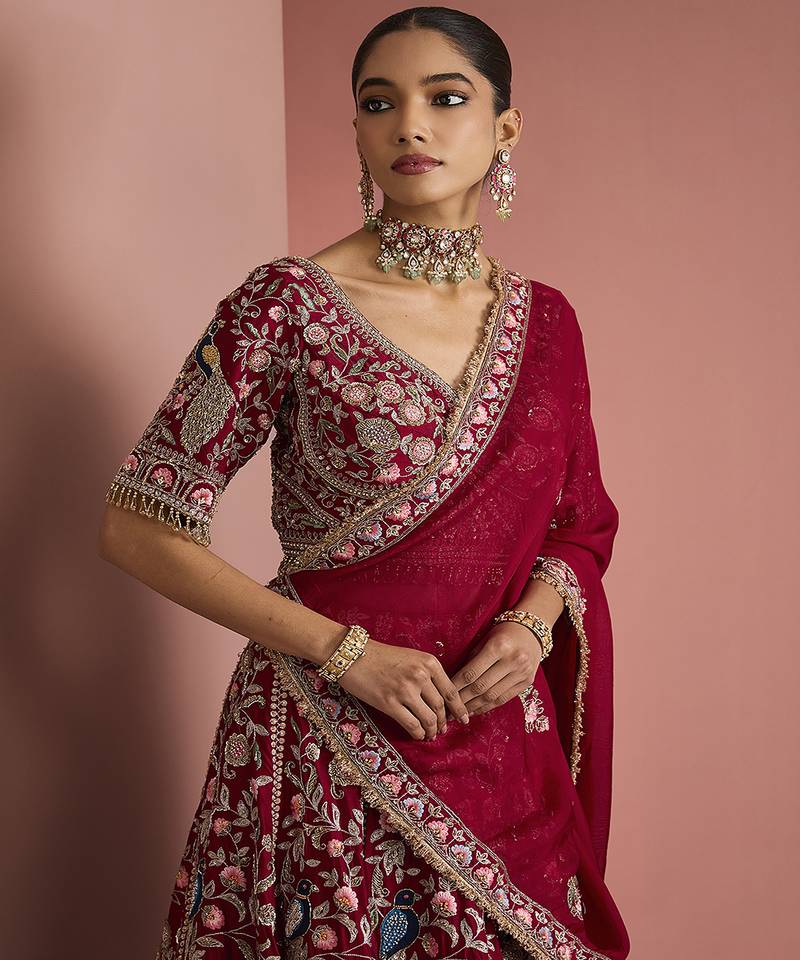 maroon silk hand embroidered lehenga set with blouse and dupatta