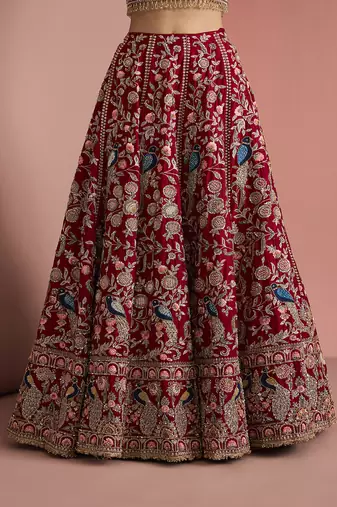 maroon silk hand embroidered lehenga set with blouse and dupatta