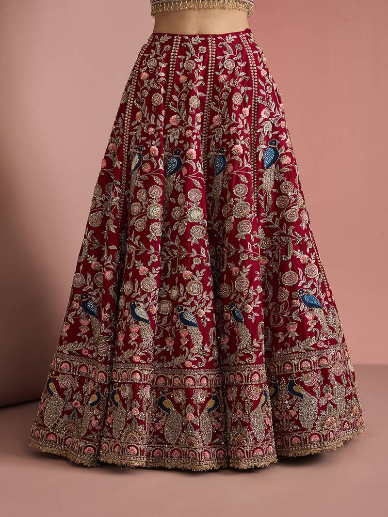 maroon silk hand embroidered lehenga set with blouse and dupatta