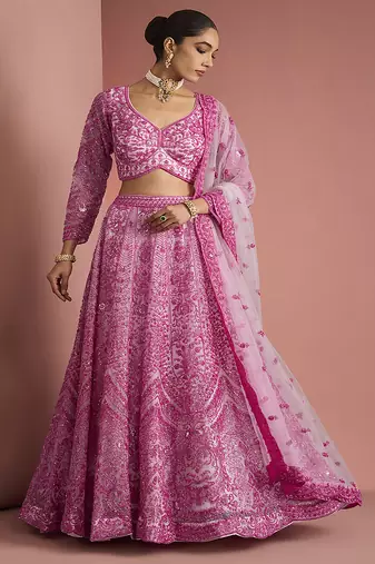 pink net cutdana work lehenga set with blouse and dupatta