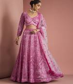 pink net cutdana work lehenga set with blouse and dupatta