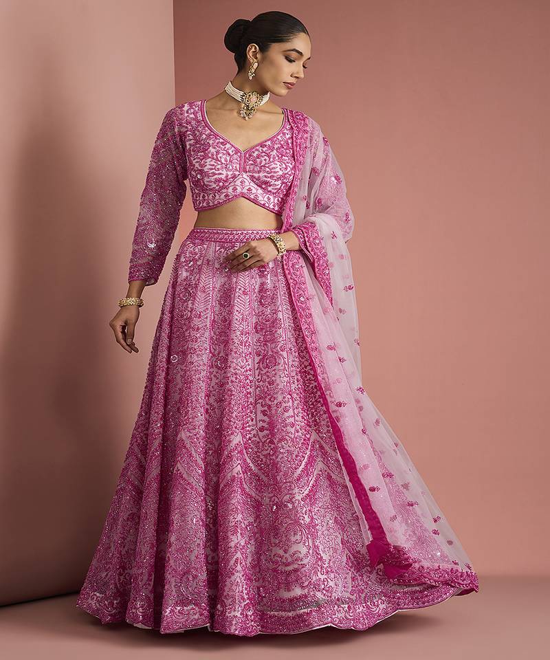 pink net cutdana work lehenga set with blouse and dupatta