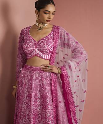 pink net cutdana work lehenga set with blouse and dupatta 2