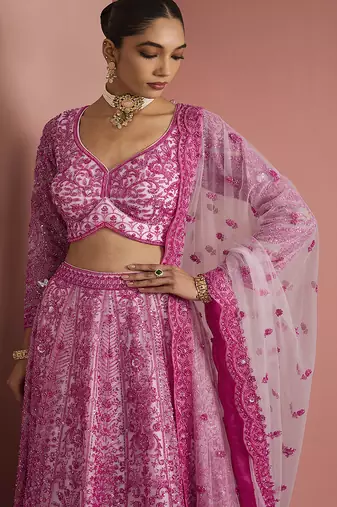 pink net cutdana work lehenga set with blouse and dupatta