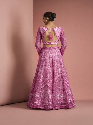 pink net cutdana work lehenga set with blouse and dupatta 3