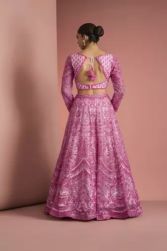 pink net cutdana work lehenga set with blouse and dupatta