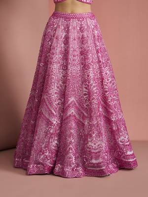 pink net cutdana work lehenga set with blouse and dupatta 4