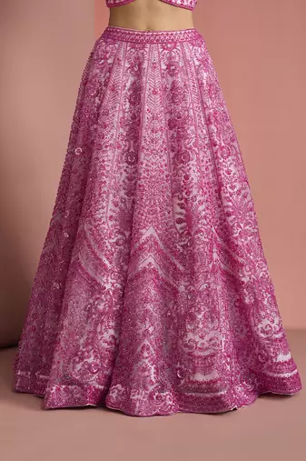 pink net cutdana work lehenga set with blouse and dupatta