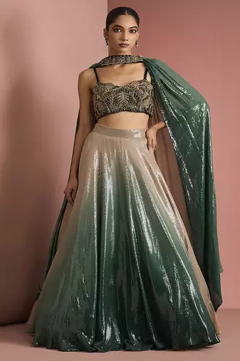 dark green sequins sheeting ombre lehenga set with blouse and dupatta
