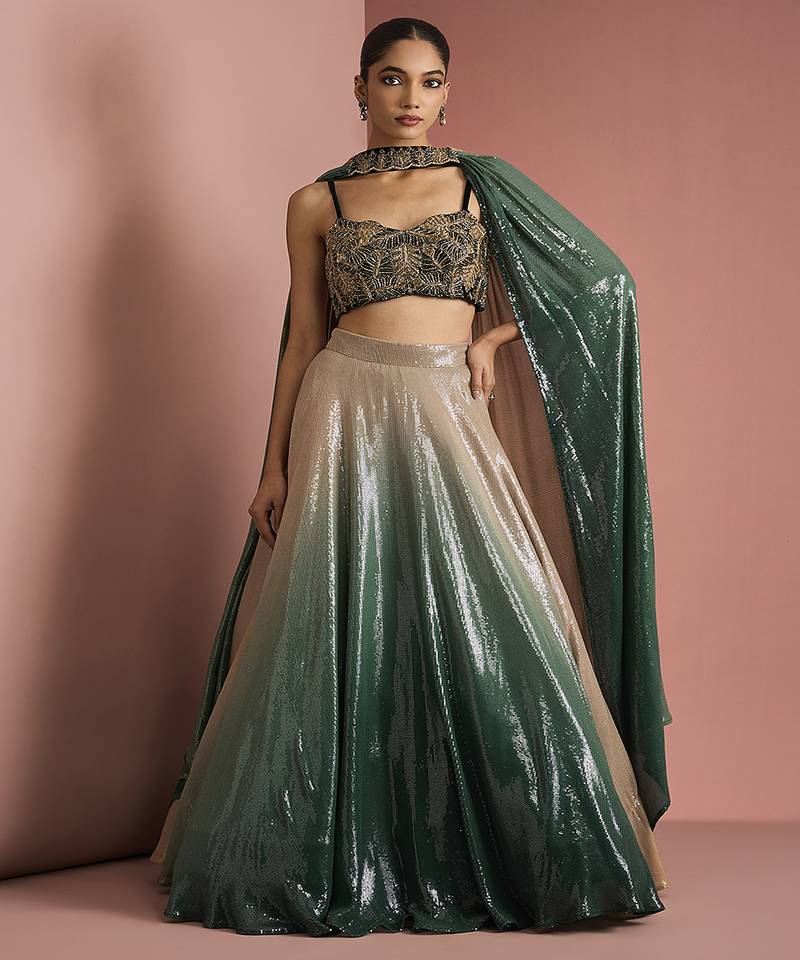 dark green sequins sheeting ombre lehenga set with blouse and dupatta