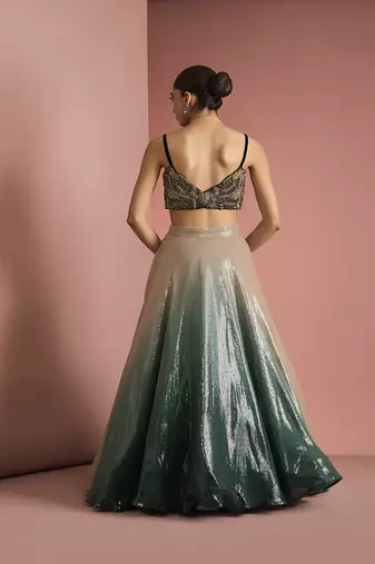dark green sequins sheeting ombre lehenga set with blouse and dupatta