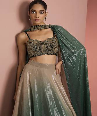dark green sequins sheeting ombre lehenga set with blouse and dupatta 3