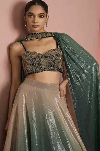 dark green sequins sheeting ombre lehenga set with blouse and dupatta