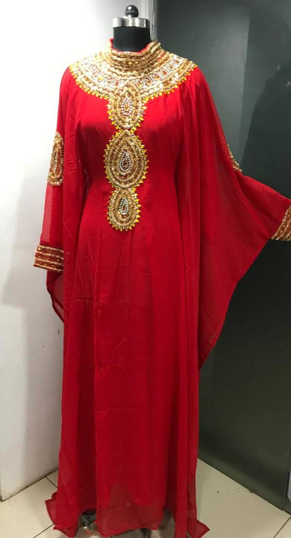 Red royal fancy gold beading work farasha kaftan
